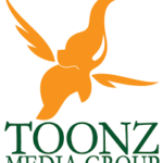 The logo features an orange stylized elephant with wings above the green text "TOONZ MEDIA GROUP." The elephant, in a simplified, abstract form with its trunk raised and wings extending outward, symbolizes creativity and imagination, making it feel like a welcoming home for innovative ideas.