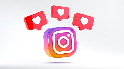3D Instagram logo with like notifications on 3webindia.com’s social media page.