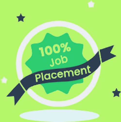 Emblem of 100% job placement assurance on a starry light green background.